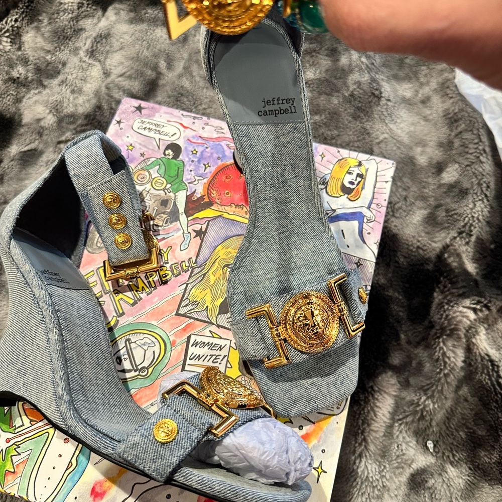 Jeffrey Campbell Blue and Gold Sandals